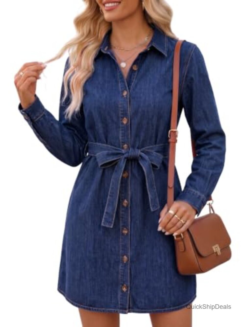 Womens Long Sleeve Denim Shirt Dress Button Down Tie Waist Jean Dress